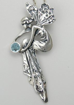 Sterling Silver Victorian Woman Maiden of Prosperity Pendant With Blue Topaz